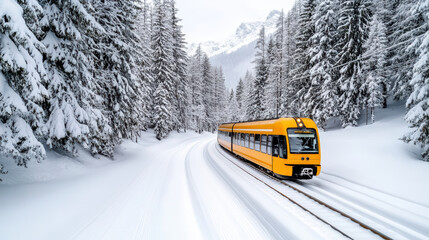 Vibrant yellow train glides through snowy pine forest, surrounded by majestic mountains