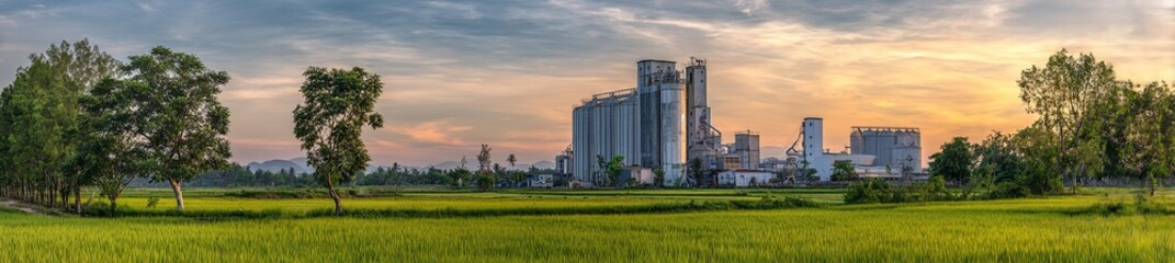 Panoramic view of a rural landscape with rice fields and industrial silos at sunset