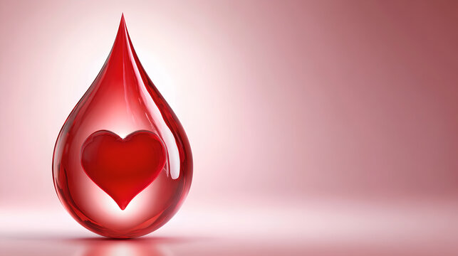 A vibrant red, heart-shaped blood drop, symbolizing donation, health, and life, on a pink background.
