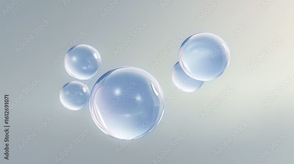 Poster transparent soap bubbles floating gracefully in a soft gradient background, showcasing their delicat