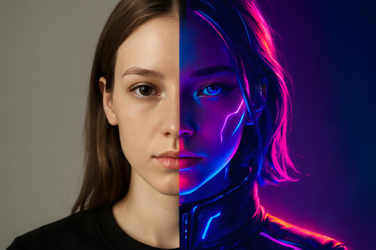 Half human, half cybernetic portrait with a neon aesthetic. The image contrasts natural and artificial elements beautifully.