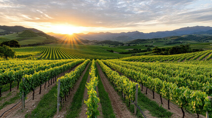 Naklejka premium Vineyard landscape with rolling hills, lush green vines, and stunning sunset illuminating sky