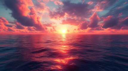 Tranquil ocean sunset, soft clouds painted with deep reds and purples as the sun fades beyond the horizon