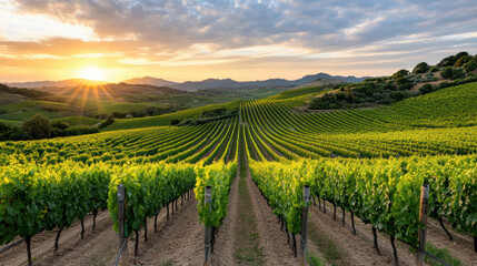 Vineyard on rolling hills under cloudy sky at sunset, showcasing vibrant green grapevines