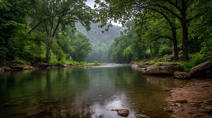 Peaceful river scene with clear water, lush green banks, and gentle flowing current, ideal for relaxing nature retreat, outdoor fishing, and tranquil wilderness experience


