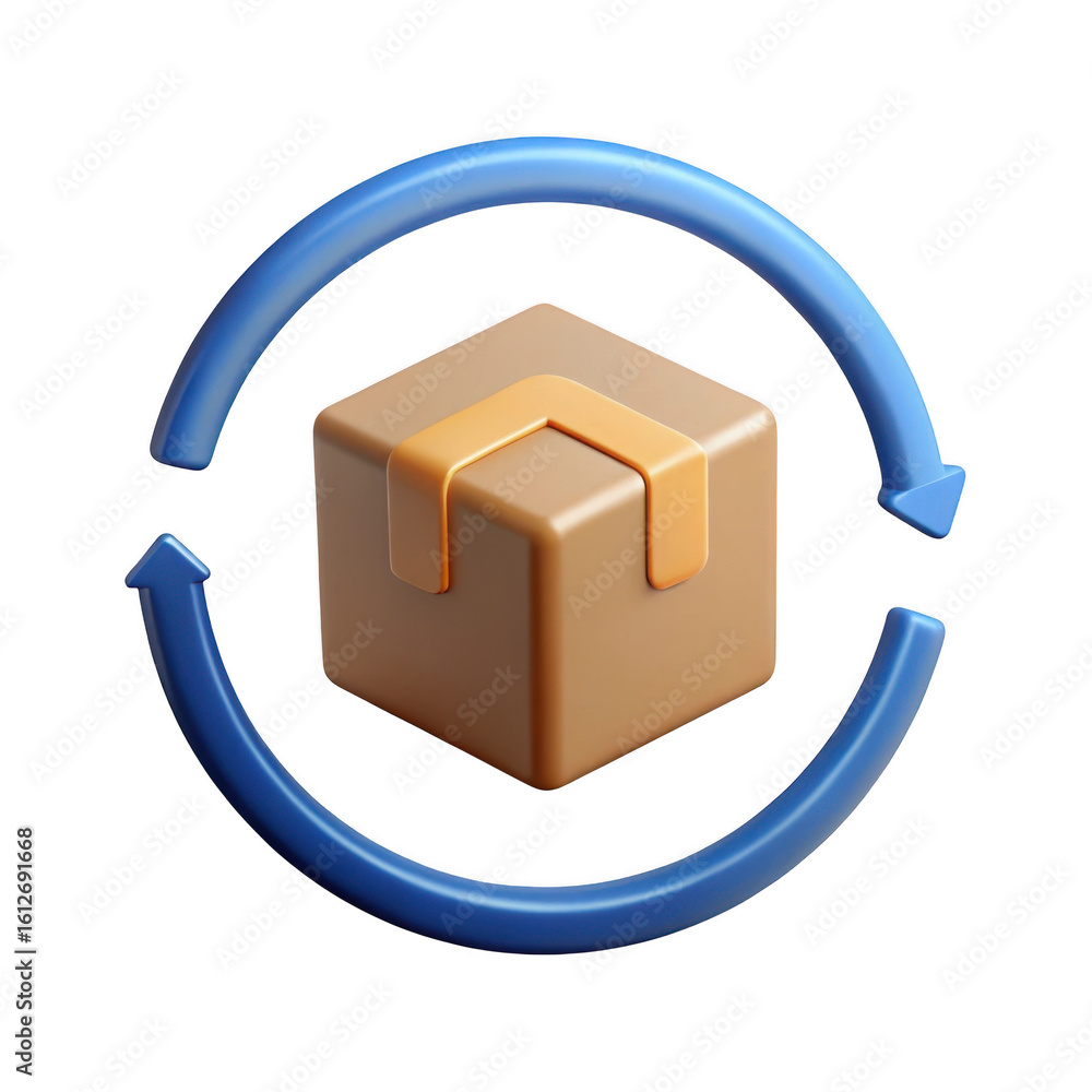 Poster 3d rendered package return icon a brown box with blue circular arrows isolated on transparent backgr