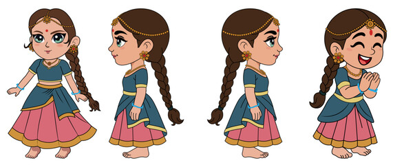 Indian Girl Character Full Views Namaste Vector