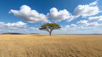 Obraz premium Solitary tree stands vast savanna plain bright blue sky with fluffy clouds. scene evokes sense
