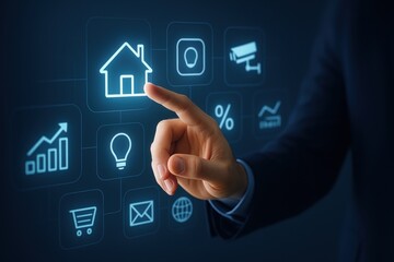 Smart home energy storage. Smart technology interface with hand selecting home icon among digital controls.