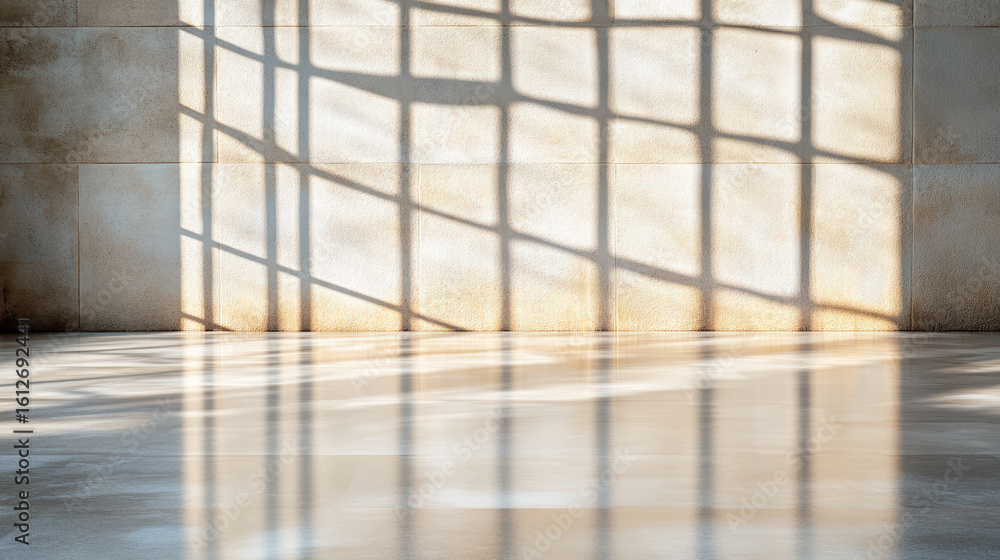 Poster light and shadow create stunning pattern on smooth floor, enhancing serene atmosphere