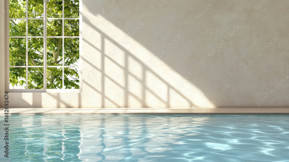 Poster bright window reflection merging with shadow on water creates serene atmosphere