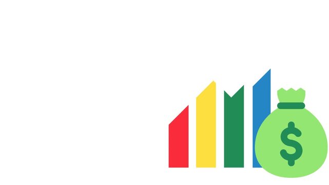 Animated multi color of a growth bar chart with money bags indicating increasing sales or profit rankings. Ideal for finance, business, presentations and wealth building.