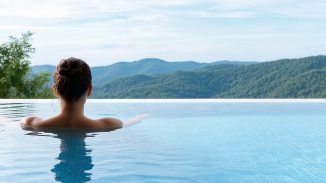 Relaxing woman in infinity pool with mountain view, enjoying serene nature - Powered by Adobe
