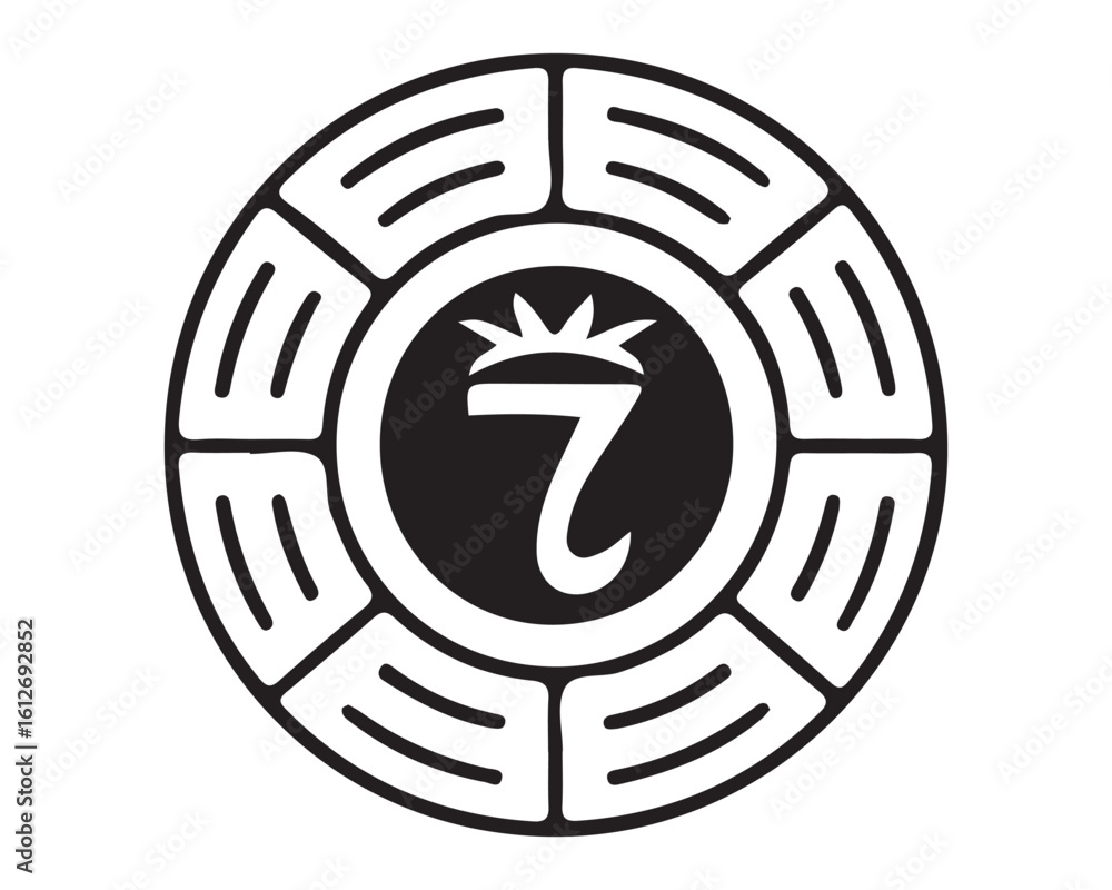 Poster black and white circular emblem with a stylized number seven and radial segmented border design