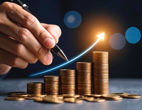 Hand drawing a rising graph over stacks of coins