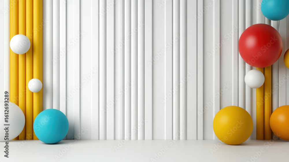 Poster bright geometric shapes create vibrant and playful atmosphere with colorful spheres and lines