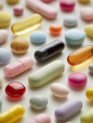Variety of colorful pills and capsules neatly arranged on white table surface, showcasing pharmaceutical diversity, medication types, and modern healthcare concepts