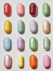 Variety of colorful pills and capsules neatly arranged on white table surface, showcasing pharmaceutical diversity, medication types, and modern healthcare concepts