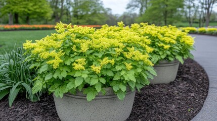 Planting Yellow Flowers in Stone Pots Along Garden Path
