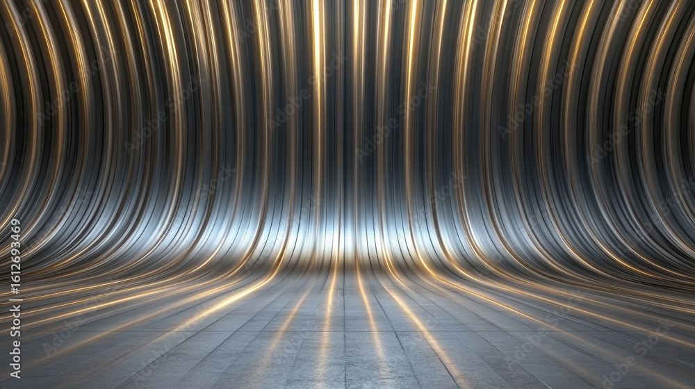 Poster shimmering light rays create mesmerizing effect curved metallic surface, enhancing depth