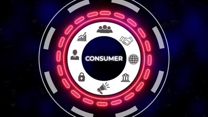 A Consumer Business concept on a futuristic computer display. Hi tech holographic advanced HUD circle platform glowing dot digital luxurious wave particle flows. Animated Dynamic wave of color particl - Powered by Adobe