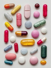 Variety of colorful pills and capsules neatly arranged on white table surface, showcasing pharmaceutical diversity, medication types, and modern healthcare concepts