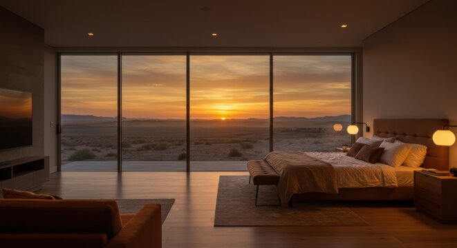 king size bedroom ideas | Modern bedroom with large windows showcasing a stunning sunset over a desert landscape, creating a serene atmosphere perfect for relaxation or inspiration