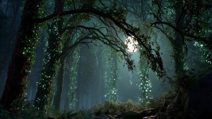 Fototapeta premium Enchanted Forest at Night with Glowing Vines and Mystical Moonlight Illuminating the Scene