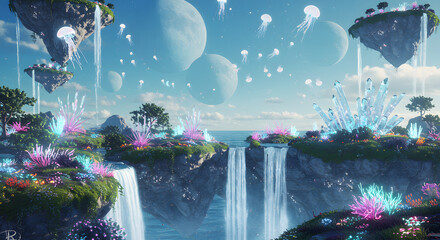 Dreamlike utopian paradise featuring floating islands, majestic waterfalls, and glowing jellyfish in a celestial sky with multiple planets.