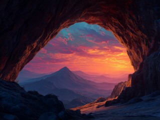 Fototapeta premium Stunning Sunset View through Cave Opening with Dramatic Sky and Framed Mountains in Background