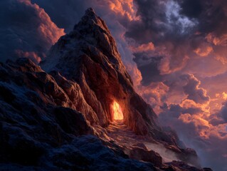 Fototapeta premium Majestic Mountain Landscape with Dramatic Clouds and Glowing Cave Entrance Under Evening Sky at Dusk