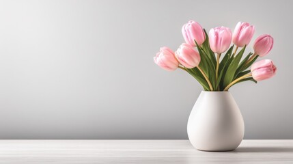 A bouquet of pink tulips in a white vase.