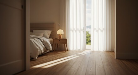 Bedroom Interior with Soft Lighting, Wooden Floor, and Sheer Curtains, Peaceful Ambiance.