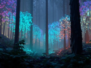 Fototapeta premium Enchanted Forest at Night with Colorful Glowing Trees and Mysterious Fog in a Serene Wilderness Landscape
