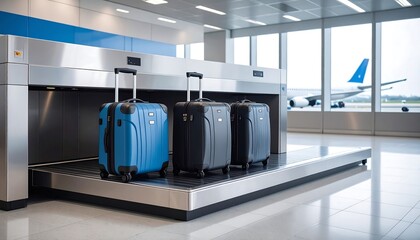Airport luggage conveyor belt with three suitcases