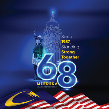 Malaysia 68th Merdeka Day Poster with Neon Design. Featuring glowing neon numbers &ldquo;68,&rdquo; a patriotic salute figure, the iconic Sultan Abdul Samad building, and waving Malaysian flags. 