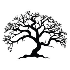 Vector art of a stylized silhouette of a gnarled tree with intricate branches