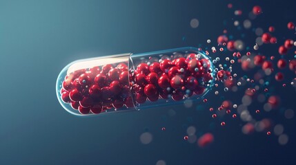 Futuristic medicine capsule with floating microbeads suspended in motion, symbolizing innovation, advanced technology, and modern medical solutions in pharmaceutical science and healthcare development