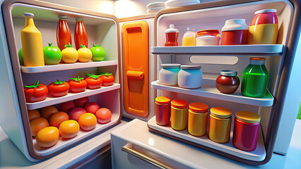 Refrigerator Full of Colorful Food, Fresh Produce, and Jars, Healthy Eating Concept, Organized Fridge, Food Storage, Kitchen Appliance, Clean and Modern Look
