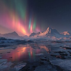 Fototapeta premium Majestic Northern Lights Over Snow-Capped Mountains and Reflective Frozen Lake at Dusk in a Stunning Natural Landscape
