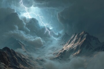 Dramatic Lightning and Stormy Sky Over Majestic Mountain Range in Ethereal Landscape at Dusk