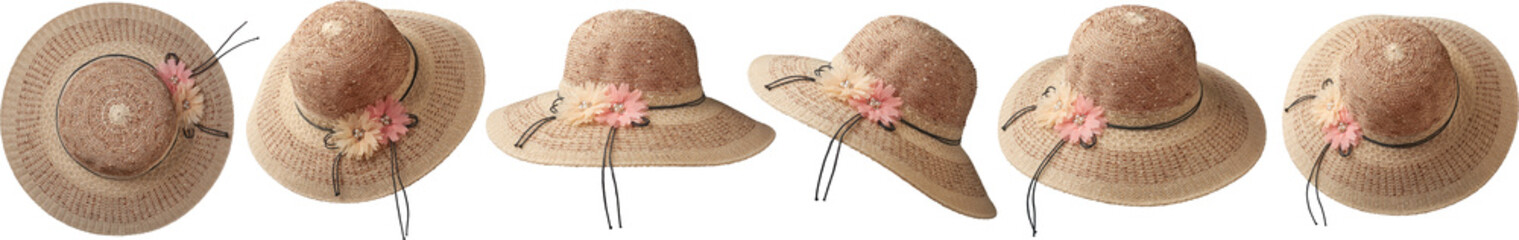 elegant woven wide brimmed sun hat with floral decoration isolated white background, designed for sun protection and outdoor wear, taken in different angles, mock-up template