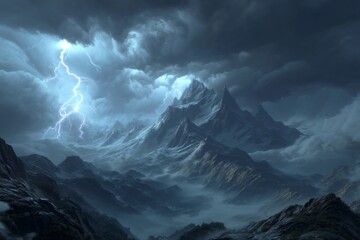 Dramatic Thunderstorm Over Majestic Mountain Range with Dark Clouds and Striking Lightning in a Mysterious Landscape