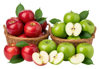 Red and green apples in woven baskets with leaves on fruit food