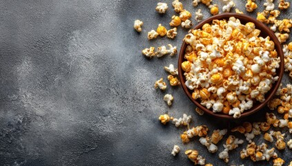 Bowl of popcorn on mottled gray surface, filling the right side. Kernels scattered nearby. Light and shadows give texture