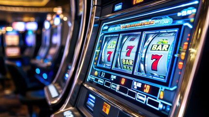 High tech slot machine interface with glowing lights and vibrant colors in casino setting