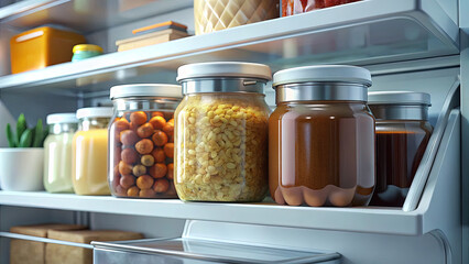 Organized Refrigerator Shelf with Jars of Pickled Food, Preserves, and Condiments for Fresh Storage and Kitchen Convenience, Home Food Preservation