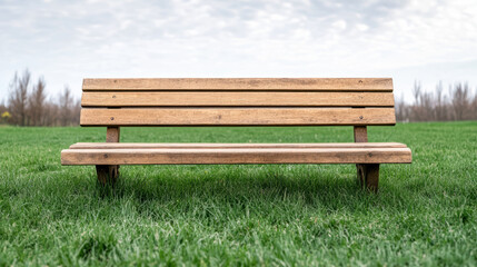 Fototapeta premium Empty park bench under cloudy sky, surrounded by lush green grass, evokes tranquility