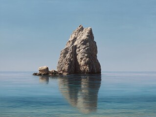 Serene Coastal Landscape Featuring a Majestic Rock Formation Surrounded by Calm Waters and Clear Blue Skies