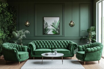 Green velvet sofa and armchairs arranged in a room with paneling walls, showcasing a neoclassical design for a modern living room. Created with, Generative AI